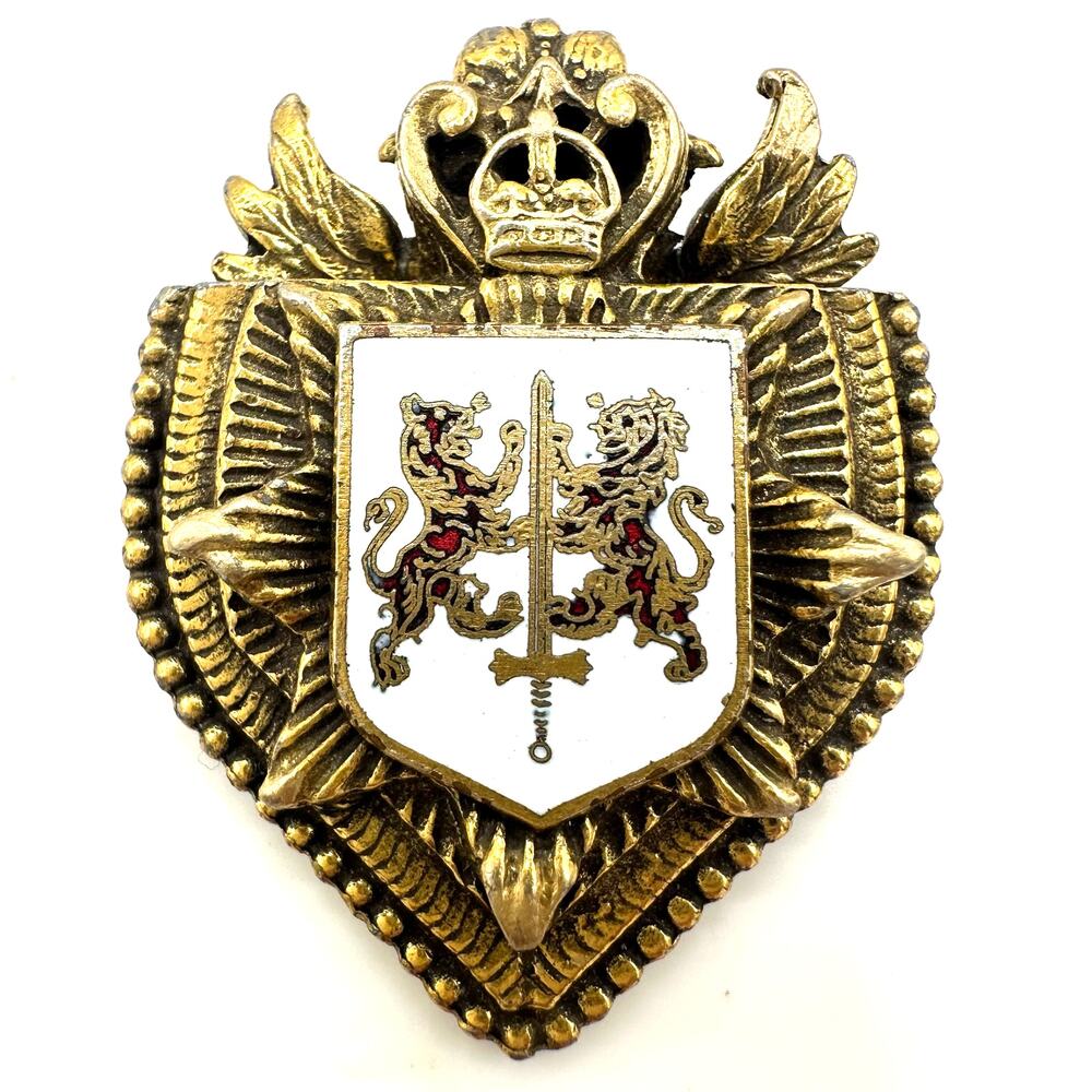 Vintage gold tone Heraldic white red enamel crest shield lion sword crown brooch